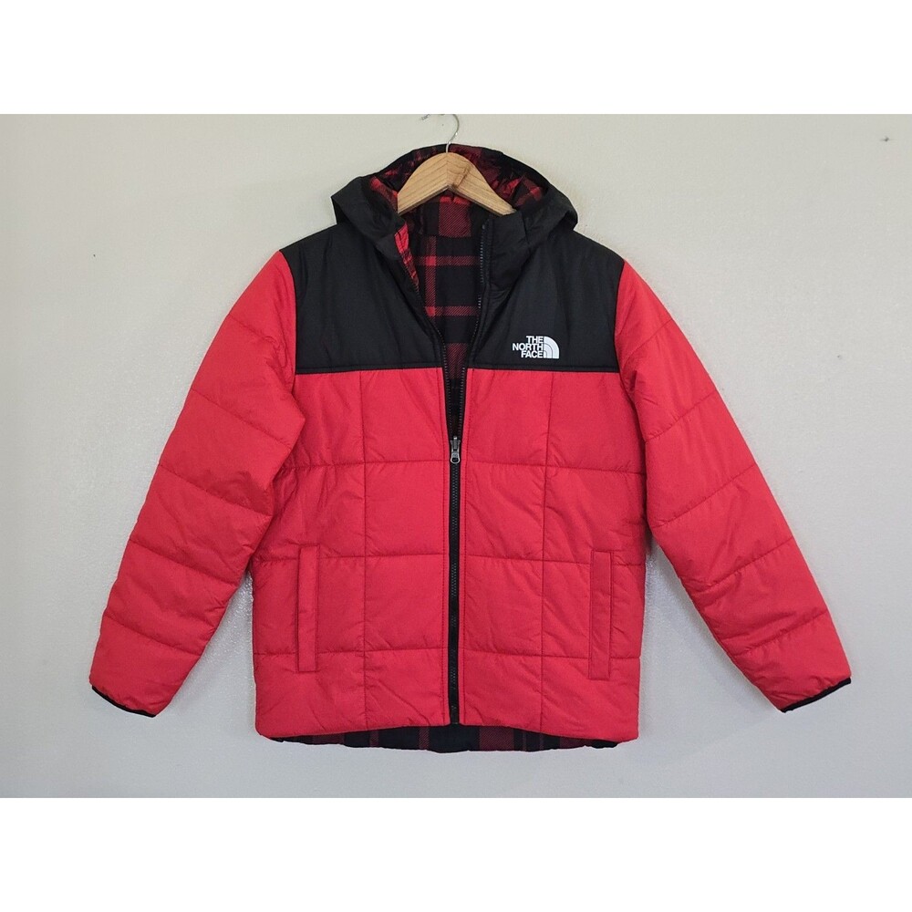 The North Face Perrito Reversible Jacket Red Black Plaid Hooded Boys L 14/16 - Picture 2 of 15